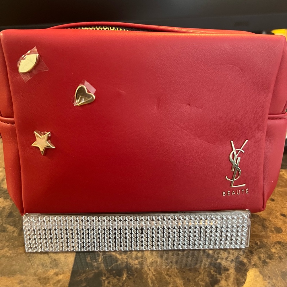 NWOT YSL Red Cosmetic Bag with Silver Accents